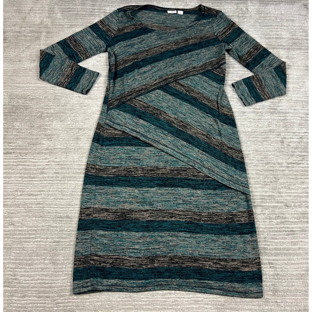 Cato Dress Womens Large Teal Striped Asymmetrical Knit Long Sleeve Scoop Neck